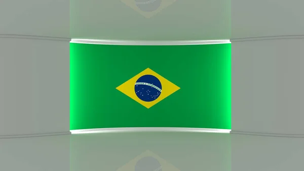 テレビスタジオ ブラジルの旗スタジオ ブラジルの国旗の背景 ニューススタジオ 緑の画面やクロマキービデオや写真の生産のための完璧な背景 3Dレンダリング — ストック写真