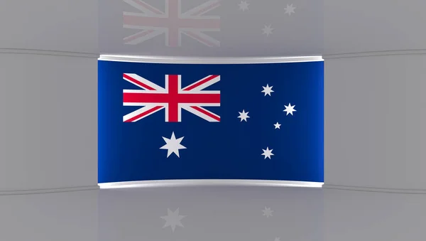 电视演播室澳大利亚国旗工作室 澳大利亚国旗背景 新闻演播室任何绿色屏幕或彩色键视频或照片制作的完美背景 3D渲染 — 图库照片