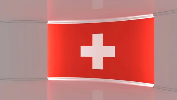 TV studio. Switzerland. Swiss flag flag studio. Swiss flag background. News studio. The perfect backdrop for any green screen or chroma key video or photo production. 3d render. 3