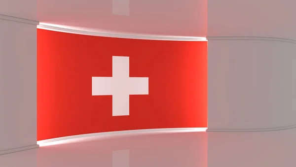 Fernsehstudio Die Schweiz Schweizer Flaggenstudio Hintergrund Schweizer Flagge Nachrichtenstudio Die — Stockfoto