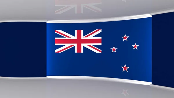 TV studio. New zealand flag studio. New zealand flag background. News studio. The perfect backdrop for any green screen or chroma key video or photo production. 3d render. 3