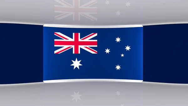 电视演播室澳大利亚国旗工作室 澳大利亚国旗背景 新闻演播室任何绿色屏幕或彩色键视频或照片制作的完美背景 3D渲染 — 图库照片