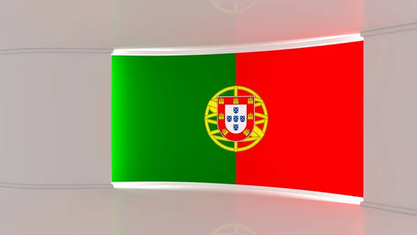 电视演播室葡萄牙 葡萄牙国旗工作室 葡萄牙国旗背景 新闻演播室任何绿色屏幕或彩色键视频或照片制作的完美背景 3D渲染 — 图库照片