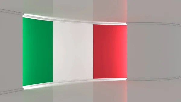 テレビスタジオ イタリアの国旗スタジオ イタリアの国旗の背景 ニューススタジオ 緑の画面やクロマキービデオや写真の生産のための完璧な背景 3Dレンダリング — ストック写真