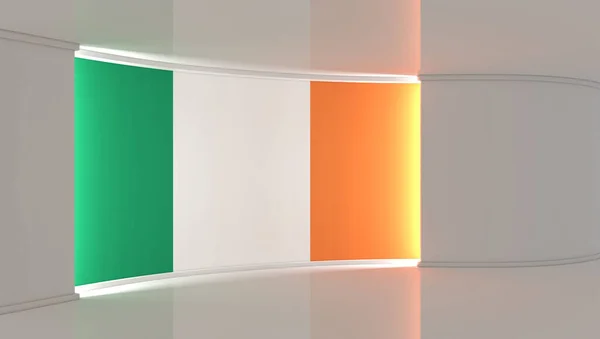 Ireland flag studio. Ireland flag background. TV studio.. News studio. The perfect backdrop for any green screen or chroma key video or photo production. 3d render. 3