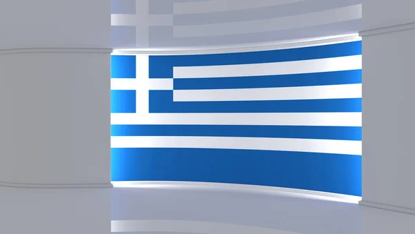 电视演播室希腊 希腊国旗工作室 希腊国旗背景 新闻演播室任何绿色屏幕或彩色键视频或照片制作的完美背景 3D渲染 — 图库照片