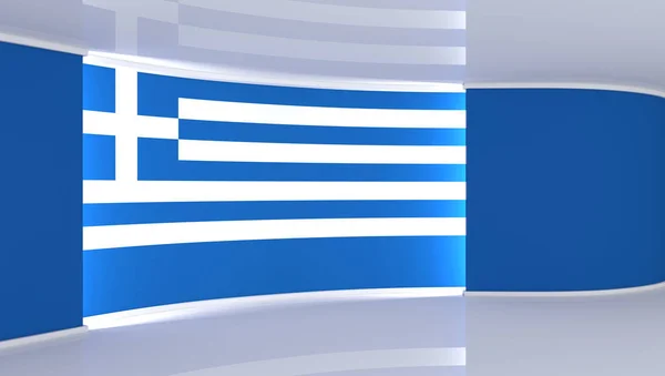 TV studio. Greece. Greek flag studio. Greek flag background. News studio. The perfect backdrop for any green screen or chroma key video or photo production. 3d render. 3