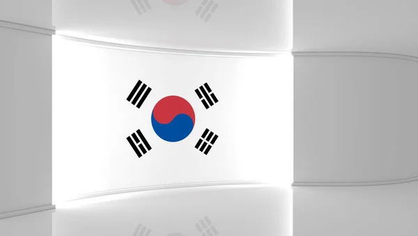 テレビスタジオ 韓国の国旗スタジオ 韓国の国旗の背景 ニューススタジオ 緑の画面やクロマキービデオや写真の生産のための完璧な背景 3Dレンダリング ストック画像