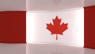 Televizyon stüdyosu. Kanada bayrak stüdyosu. Kanada bayrak geçmişi. Haber stüdyosu. Herhangi bir yeşil ekran, krom anahtar video veya fotoğraf çekimi için mükemmel bir zemin. 3 boyutlu görüntüleme. 3