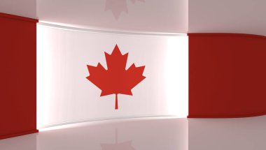 Televizyon stüdyosu. Kanada bayrak stüdyosu. Kanada bayrak geçmişi. Haber stüdyosu. Herhangi bir yeşil ekran, krom anahtar video veya fotoğraf çekimi için mükemmel bir zemin. 3 boyutlu görüntüleme. 3