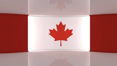 Televizyon stüdyosu. Kanada bayrak stüdyosu. Kanada bayrak geçmişi. Haber stüdyosu. Herhangi bir yeşil ekran, krom anahtar video veya fotoğraf çekimi için mükemmel bir zemin. 3 boyutlu görüntüleme. 3