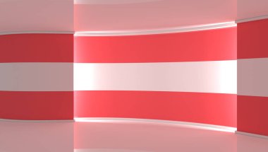 Televizyon stüdyosu. Avusturya. Avusturya bayrağı. Haber stüdyosu. Döngü animasyonu. Herhangi bir yeşil ekran veya krom anahtar video prodüksiyonu için arka plan. 3 boyutlu görüntüleme. 3