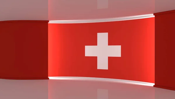 テレビスタジオ スイスだ スイスの旗スタジオ スイスの国旗の背景 ニューススタジオ 緑の画面やクロマキービデオや写真の生産のための完璧な背景 3Dレンダリング — ストック写真