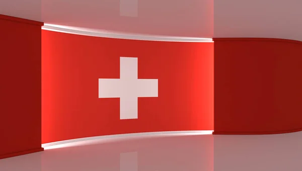 TV studio. Switzerland. Swiss flag flag studio. Swiss flag background. News studio. The perfect backdrop for any green screen or chroma key video or photo production. 3d render. 3