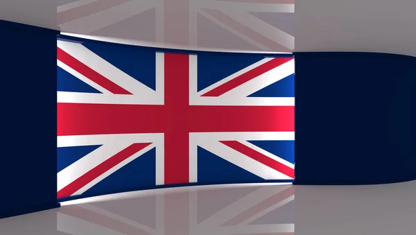 电视演播室英国 英国国旗工作室 英国国旗背景 新闻演播室任何绿色屏幕或彩色键视频或照片制作的完美背景 3D渲染 — 图库照片