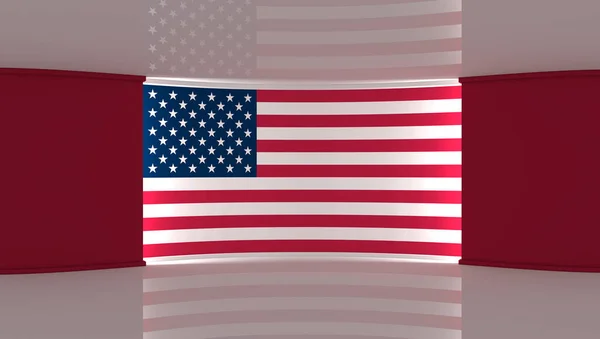 TV studio. USA. United States flag studio. USA flag background. News studio. The perfect backdrop for any green screen or chroma key video or photo production. 3d render. 3