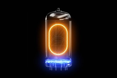 Zero. Digit 0. Nixie tube indicator digit. Gas discharge indicators and lamps. Blue backlight. 3D. 3D Renderin