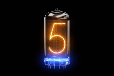 Five. Digit 5 Nixie tube indicator digit. Gas discharge indicators and lamps. Blue backlight. 3D. 3D Renderin