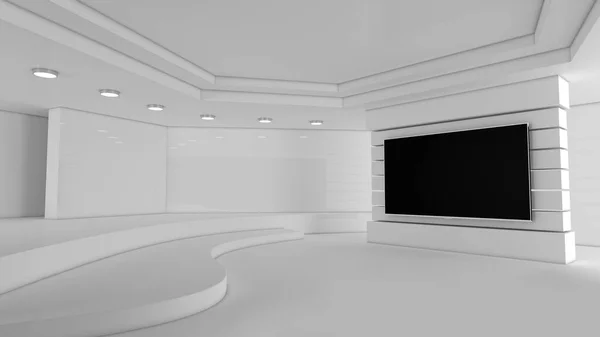 テレビスタジオ ニューススタジオ3Dレンダリング 白地だ ホワイト スタジオ 任意の緑の画面やクロマキービデオや写真の生産のためのバックアップ — ストック写真