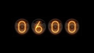 2024 açılışı. 0 'dan 2024' e sayın. 2024 sayacı. Nixie tüpü göstergesi geri sayımı. Gaz boşaltım göstergeleri ve lambalar. Üç boyutlu. 3B Hazırlama 