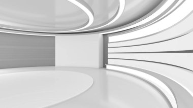 TV Stüdyosu. Beyaz stüdyo. Haber stüdyosu. Herhangi bir yeşil ekran, krom anahtar video veya fotoğraf çekimi için mükemmel bir zemin. 3B görüntüleme.