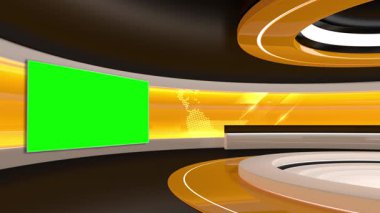 Televizyon stüdyosu. Haber odası. Stüdyo Arkaplanı. Haber odası fırını. Herhangi bir yeşil ekran veya krom anahtar video prodüksiyonu için arkaplan. Döngü. 3B görüntüleme.