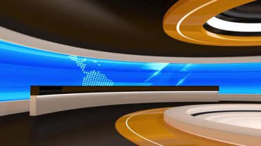 Televizyon stüdyosu. Haber odası. Stüdyo Arkaplanı. Haber odası fırını. Herhangi bir yeşil ekran veya krom anahtar video prodüksiyonu için arkaplan. Döngü. 3B görüntüleme.