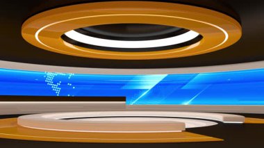 Televizyon stüdyosu. Haber odası. Stüdyo Arkaplanı. Haber odası fırını. Herhangi bir yeşil ekran veya krom anahtar video prodüksiyonu için arkaplan. Döngü. 3B görüntüleme.