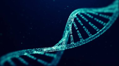 Parçacıklardan bir DNA molekülünün soyut yapısı. Dijital DNA kavramı. Parıltılı DNA kod yapısı. Tıbbi araştırma, genetik mühendislik, biyoloji. 