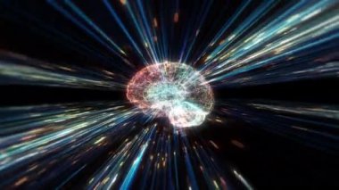 Yapay zeka beyni ve ikili kodlama animasyonu, büyük veri akışı analizi, derin öğrenme modern teknoloji kavramları. Robot sistem. bilgisayar ve veri işleme kavramı.