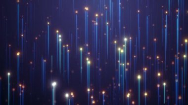 Dijital veri ağı korumasının siber güvenliği. Koyu arkaplanda asma kilit logosu olan parlak mavi fiber optik ışık. Sergide yüksek hızlı veri iletimi ve modern teknoloji sergileniyor.