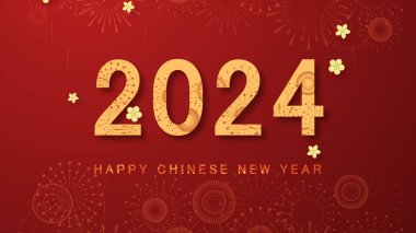 Mutlu Çin Yeni Yılı 2024 ejderha yılı. Kırmızı zemin üzerinde altın havai fişekler bulunan Çin Yeni Yıl arkaplanı.