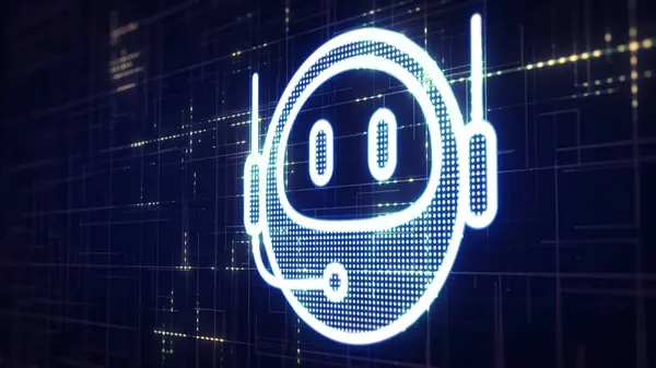 Dijital veri arkaplanındaki Chatbot robot baş simgesi. Chatbot asistan başvurusu. Yapay zeka konsepti. Çevrimiçi ağda bilgi ve verilere erişim sağlamak için chatbot simgesi.