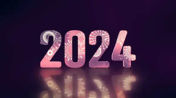 Mutlu yıllar 2024 Arka plan. Altın havai fişekler arka planda 3 boyutlu numaralar üzerinde parlıyor. 2024 Yeni Yıl Kutlaması Konsepti.