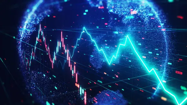 Borsa konsepti. Dünya haritası, borsa endeksleri, grafikleri, grafikleri olan borsa saatleri. Borsa fiyatlarının değişiminin dijital animasyonu. 