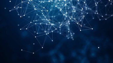 Teknoloji ağı arka planda. Mavi arkaplandaki soyut bağlantılı nokta ve çizgiler. Hareket eden çizgiler ve noktalar ile iletişim ve teknoloji ağı kavramı.