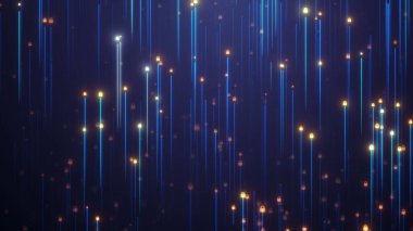 Dijital veri ağı korumasının siber güvenliği. Koyu arkaplanda asma kilit logosu olan parlak mavi fiber optik ışık. Sergide yüksek hızlı veri iletimi ve modern teknoloji sergileniyor.