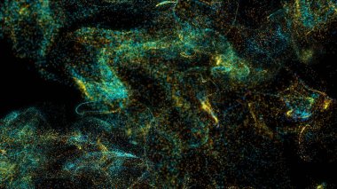 Siyah arkaplanda dönen renkli parçacık soyutlaması.