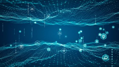 Teknoloji interneti (IoT) ve ağ kurma kavramı. Nesnelerin, iletişimin, ağın, yeniliğin, gelecekteki mavi arkaplan üzerine büyük verilerin soyut teknoloji arka planı.