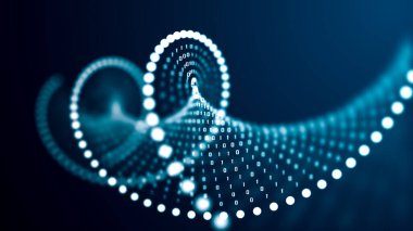 Yapay zeka DNA molekülü konsepti. DNA ikili bir koda dönüştürülür. İkili kod genomu kavramı. Değiştirilmiş genlere sahip soyut teknoloji DNA molekülü. 3B illüstrasyon