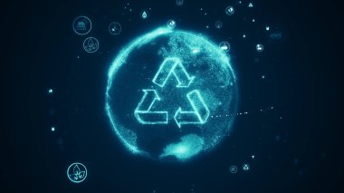 Çevre teknolojisi konsepti. Ekoloji, geri dönüşüm, doğal çevre ve yeşil enerji sembolleri. Yenilenebilir enerji. Sürdürülebilir kalkınma hedefleri.