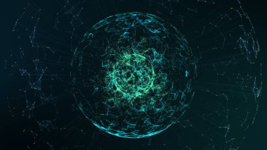 Büyük veri merkezi kavramı. Fütürist küresel arayüz. Çizgileri ve noktaları olan fraktal element. Büyük veri bağlantı kompleksi. Hareketli grafik soyut arkaplan. 