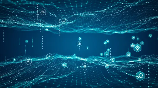 Teknoloji interneti (IoT) ve ağ kurma kavramı. Nesnelerin, iletişimin, ağın, yeniliğin, gelecekteki mavi arkaplan üzerine büyük verilerin soyut teknoloji arka planı.