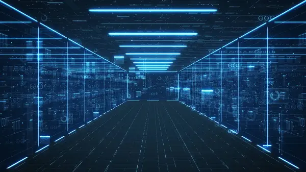 Veri sunucuları ve veri merkezi kavramı. Soyut veri merkezi için hareket grafiği, veri akışı. Büyük veriler aktarılıyor ve blockchain depolanıyor, sunucu 3D oluşturma.