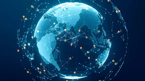 Bitcoin dijital güvenlik bağlantılarını engelliyor. Fütürist dijital para ve teknoloji dünya çapında ağ konsepti. Bitcoin küresel sektörde popüler ve güvenli bir sığınak. Engelleme teknolojisi.
