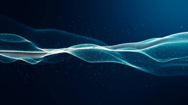 Akan küçük parçacıkların dalga ve ışık soyut arkaplan üzerinde dans ettiği soyut dijital mavi renk dalgası. Siber ya da teknoloji geçmişi.