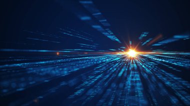 Arka plandaki dijital ışıkların hızı. Karanlık arka planda dijital teknolojiyle uçmak. Ağ, büyük veri, veri merkezi, sunucu, internet, hız çizgileri ile gelecekteki teknoloji soyut arkaplan.