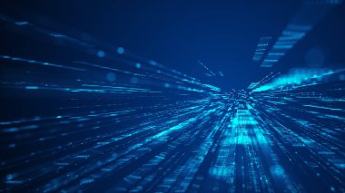 Arka plandaki dijital ışıkların hızı. Karanlık arka planda dijital teknolojiyle uçmak. Ağ, büyük veri, veri merkezi, sunucu, internet, hız çizgileri ile gelecekteki teknoloji soyut arkaplan.
