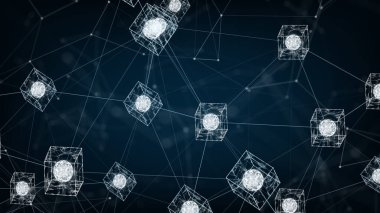 Blockchain ağ kavramı. Isometric dijital bloklar kare kod büyük veri bağlantısı Dağıtılmış defter teknolojisi, Kripto para finansmanı bitcoin işletmesi.