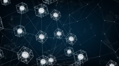 Blockchain ağ kavramı. Isometric dijital bloklar kare kod büyük veri bağlantısı Dağıtılmış defter teknolojisi, Kripto para finansmanı bitcoin işletmesi.